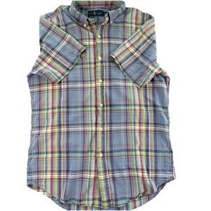 Ralph‎ Lauren Button Down Short Sleeve Blue Yellow Red Plaid Sz Medium M